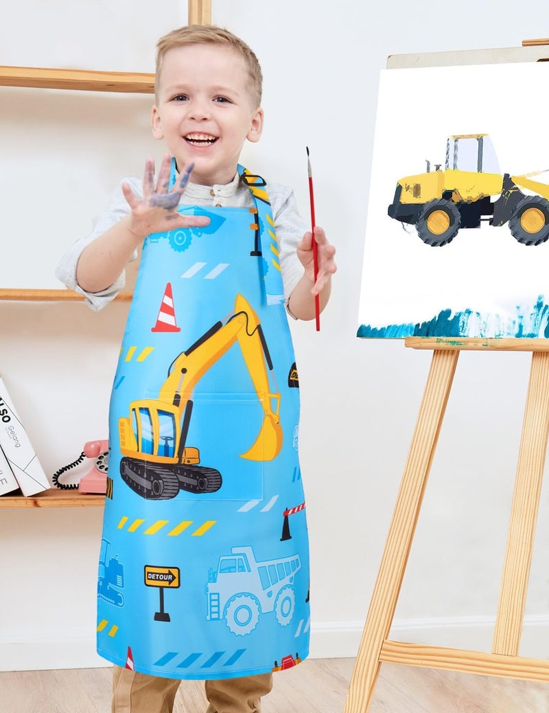 WERNNSAI 2 Pack Kids Aprons - Truck Kids Art Aprons for Boys Waterproof Toddler Chef Aprons Cooking Baking Painting Gardening Apron for Kids with Pocket Kitchen Classroom Art Smocks Age 2-5 Years - Image 5